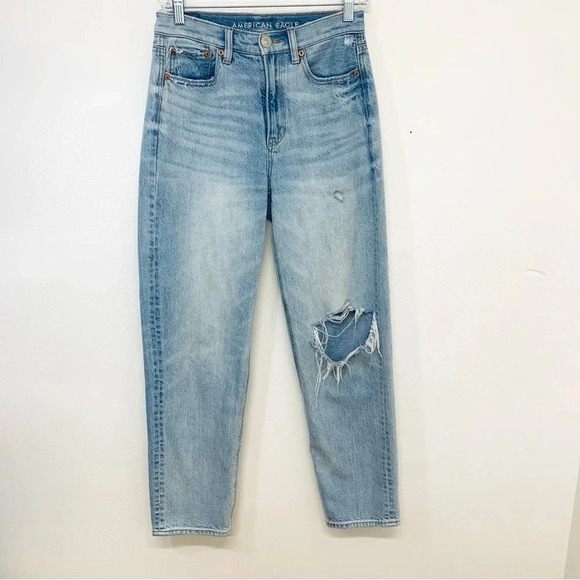 American Eagle 90s Boyfriend Jeans Woman 0‎  Distressed Blue Light Wash Pocket - Picture 1 of 14